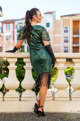 Back View of 1920s Green Gatsby Dress with sequins, beads, sleeves and fringes. Perfect for Gatsby Parties