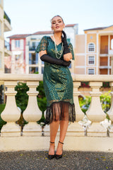 1920s Green Gatsby Dress with sequins, beads, sleeves and fringes. Perfect for Gatsby Parties