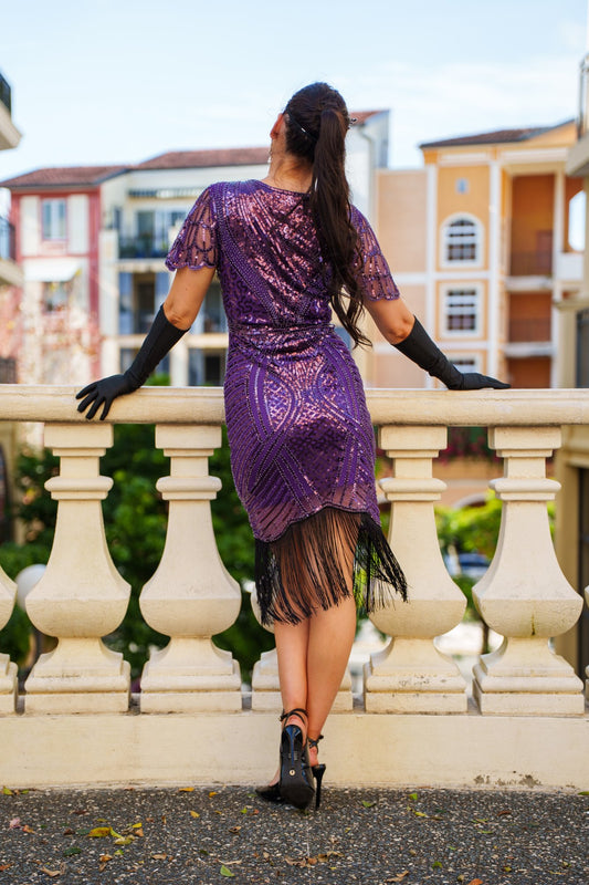Back of 1920s Nicholette Flapper Dress in Purple – elegant sequin and fringe detailing for Gatsby parties