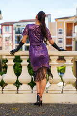 Back of 1920s Nicholette Flapper Dress in Purple – elegant sequin and fringe detailing for Gatsby parties