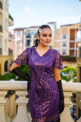 Close-up of sequin and bead detail on 1920s Purple Nicholette Gatsby Dress – perfect for vintage themed events