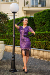 1920s Purple Nicholette Gatsby Dress with sequins, beads, and fringe – perfect for Roaring 20s or Gatsby themed events