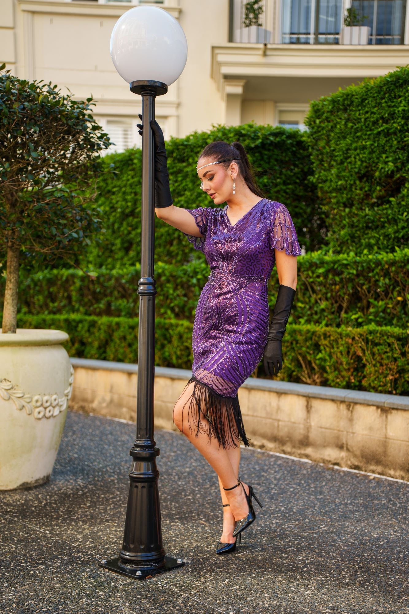 1920s Purple Nicholette Gatsby Dress with sequins, beads, and fringe – perfect for Roaring 20s or Gatsby themed events