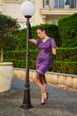 1920s Purple Nicholette Gatsby Dress with sequins, beads, and fringe – perfect for Roaring 20s or Gatsby themed events