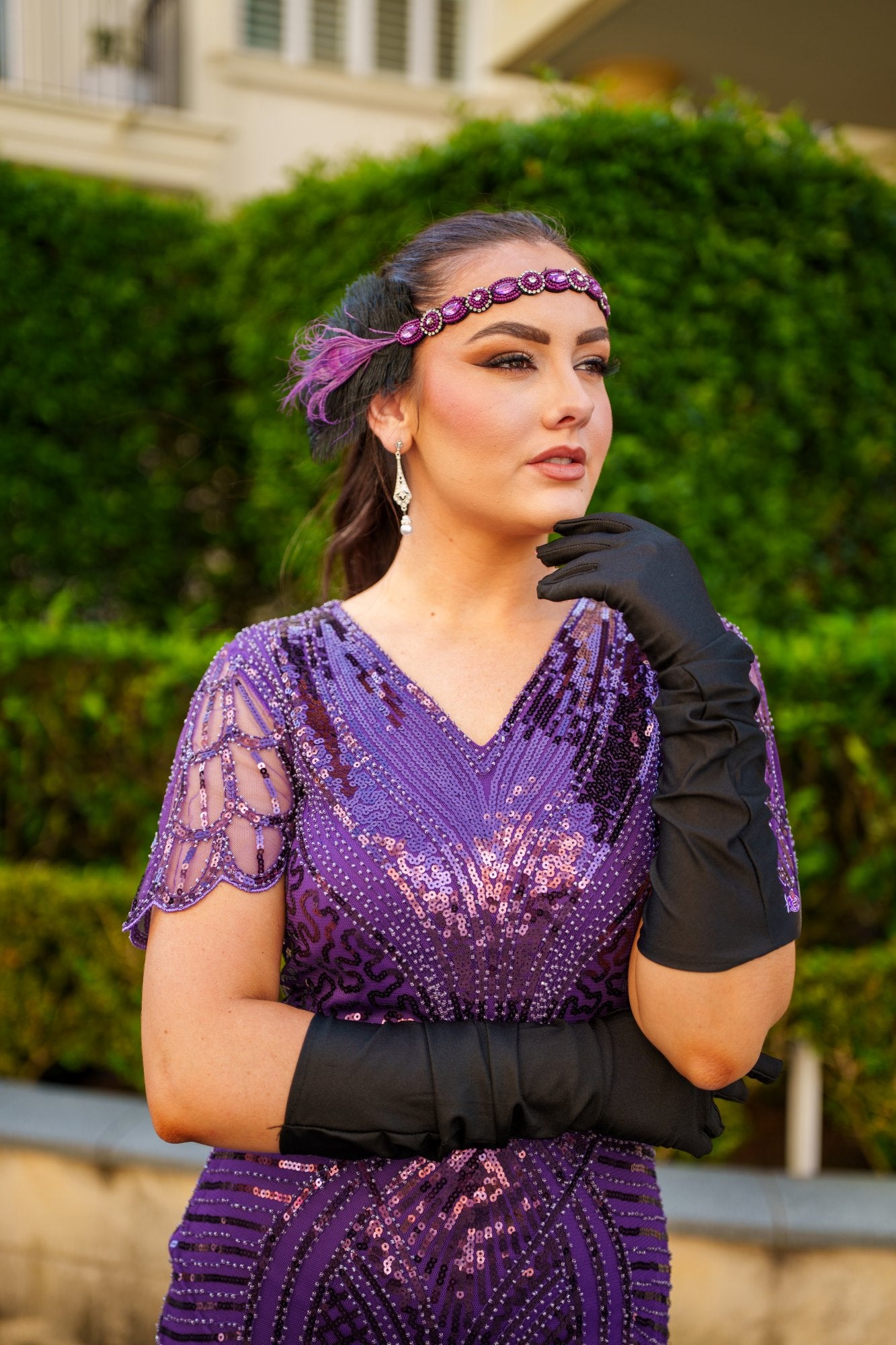 Close-up of sequin and bead detail on 1920s Purple Nicholette Gatsby Dress – perfect for vintage themed events