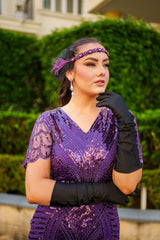 Close-up of sequin and bead detail on 1920s Purple Nicholette Gatsby Dress – perfect for vintage themed events