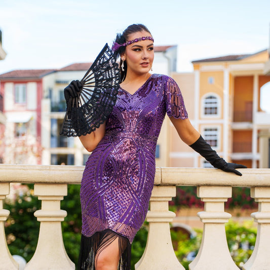 Close-up of sequin and bead detail on 1920s Purple Nicholette Gatsby Dress – perfect for vintage themed events