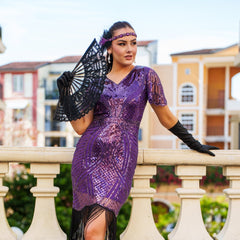 Close-up of sequin and bead detail on 1920s Purple Nicholette Gatsby Dress – perfect for vintage themed events