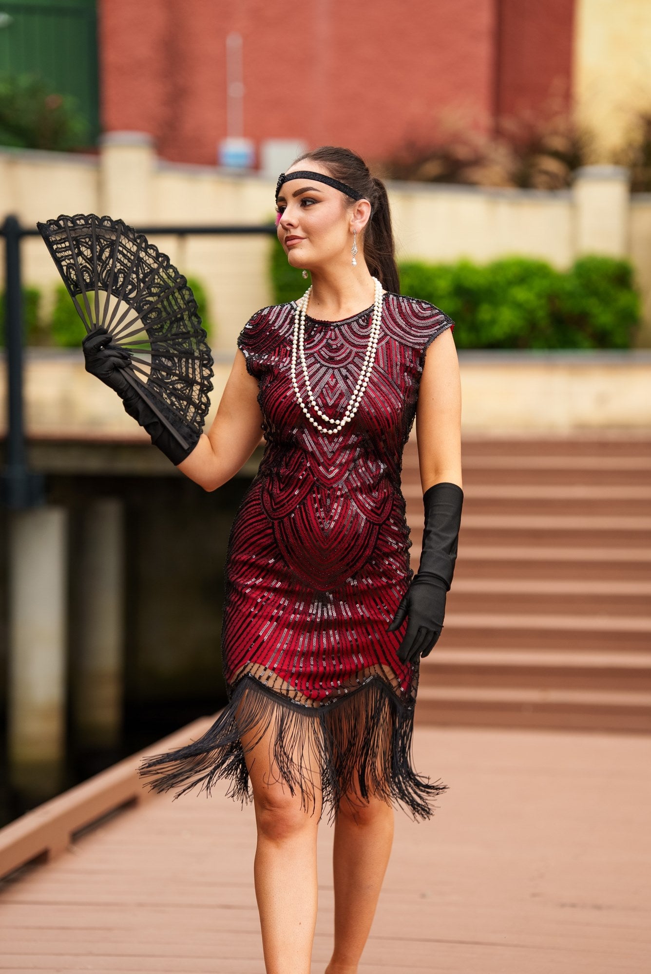 1920s Red and Black Mable Flapper Dress with sequins, beads, and fringe – ideal for Gatsby or Roaring 20s parties