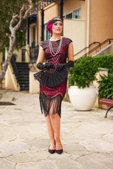 1920s Red and Black Mable Flapper Dress with sequins, beads, and fringe – ideal for Gatsby or Roaring 20s parties
