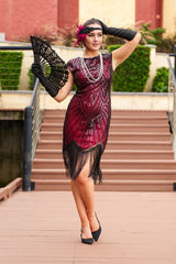 1920s Red and Black Mable Flapper Dress with sequins, beads, and fringe – ideal for Gatsby or Roaring 20s parties