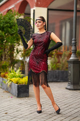 1920s Red and Black Mable Flapper Dress with sequins, beads, and fringe – ideal for Gatsby or Roaring 20s parties