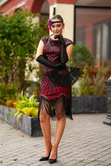 1920s Red and Black Mable Flapper Dress with sequins, beads, and fringe – ideal for Gatsby or Roaring 20s parties