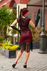 Back of 1920s Red and Black Mable Flapper Dress – vintage beaded fringe style for Gatsby themed events
