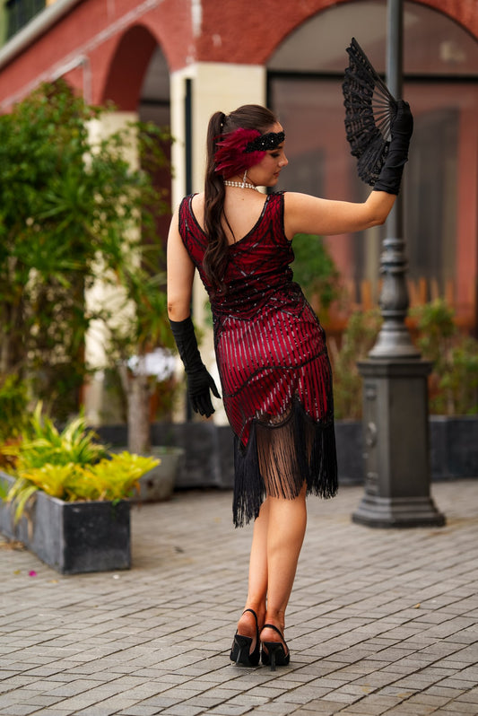 Back of 1920s Red and Black Stella Flapper Dress – beaded fringe design for Great Gatsby themed events