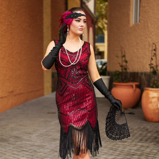 1920s Red and Black Stella Flapper Dress with beads and fringe – perfect for Gatsby or Roaring 20s parties