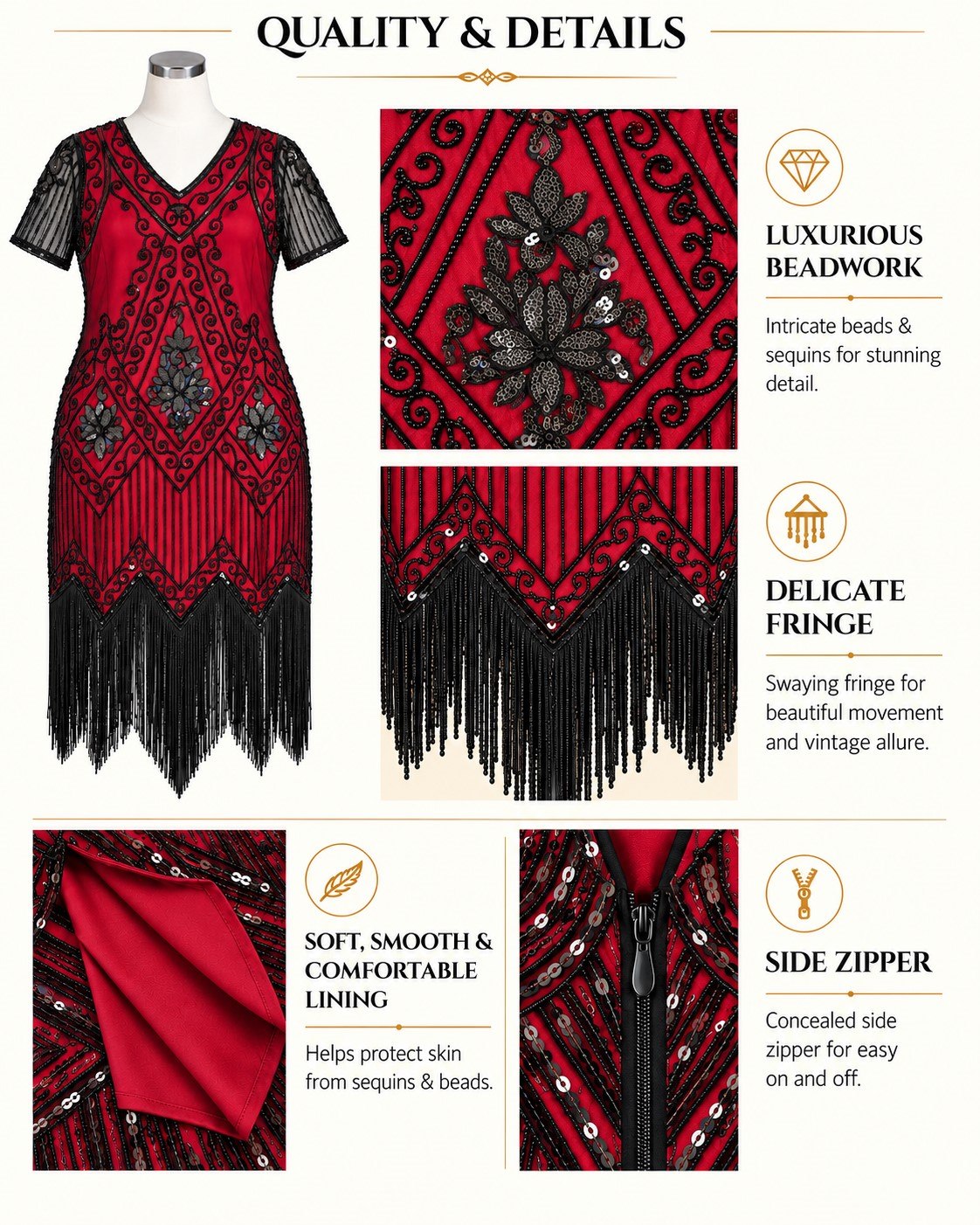 A red and black 1920s-style flapper dress displayed on a mannequin with close-up detail panels highlighting beadwork, fringe, lining, and a side zipper. The image includes marketing text under the heading 'QUALITY & DETAILS'.