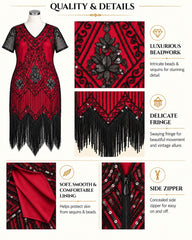 A red and black 1920s-style flapper dress displayed on a mannequin with close-up detail panels highlighting beadwork, fringe, lining, and a side zipper. The image includes marketing text under the heading 'QUALITY & DETAILS'.