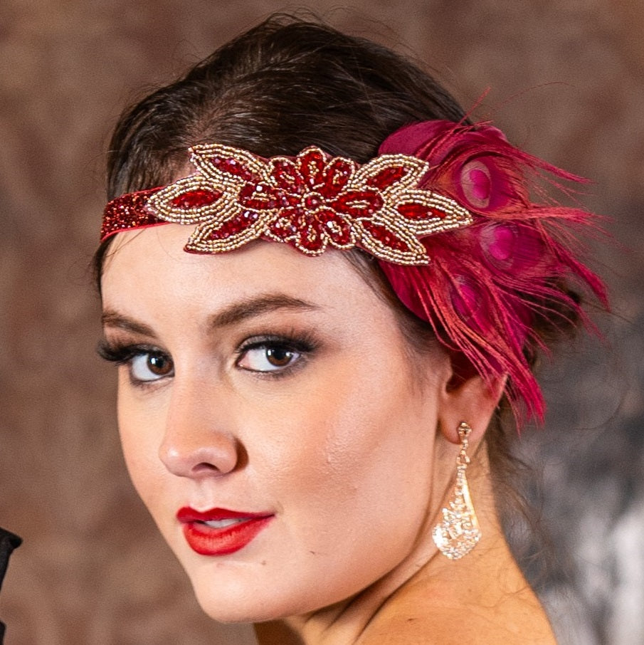 1920s red Peacock Feather Headband