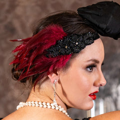 1920s Red Feather Headband with Rhinestone Gems