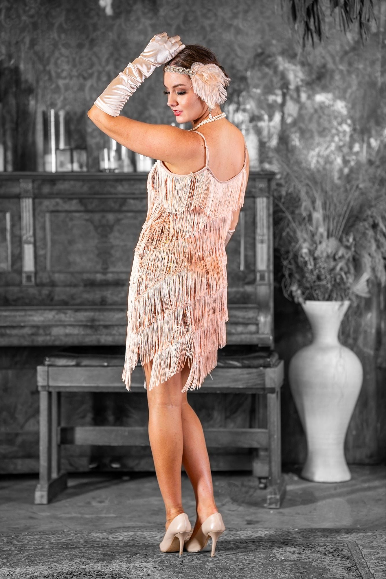 1920s Rose Gold Fringe Flapper Dress
