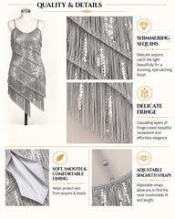 A product infographic for a silver sequined fringe dress, featuring a dress form display, close-up detail panels of the sequins and fringe, and text callouts describing shimmering sequins, delicate fringe, soft smooth lining, and adjustable spaghetti straps.