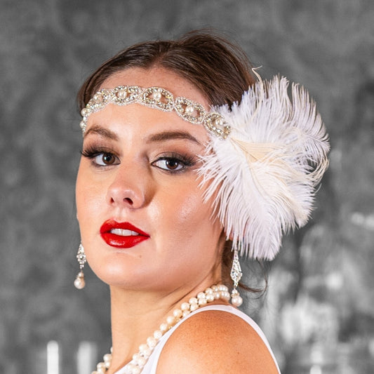 1920s White Feather Headband with pearls