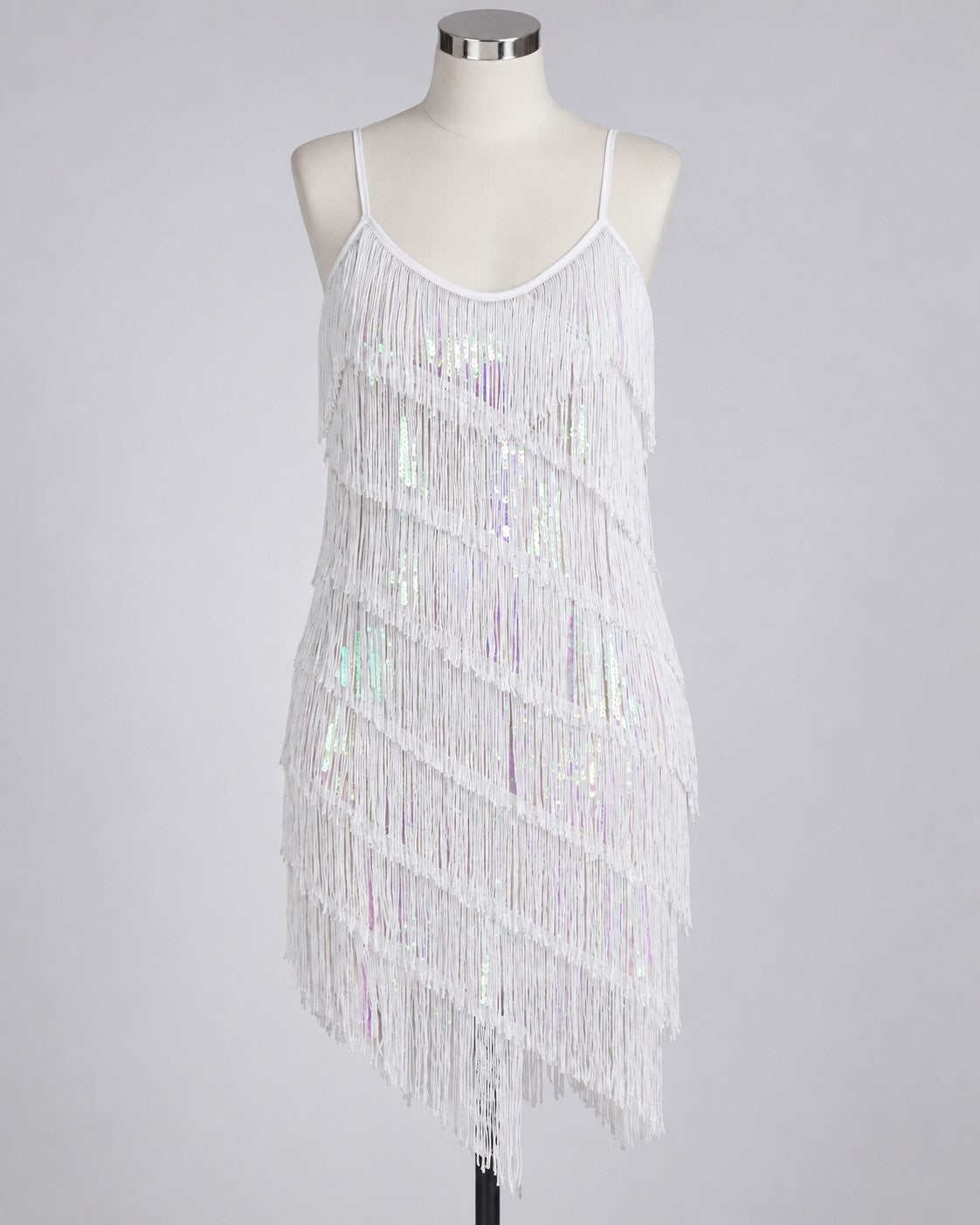 Close up mannequin details of 1920s Fringe Cocktail Dress in White