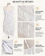 Infographics and details of 1920s Fringe Cocktail Dress in White