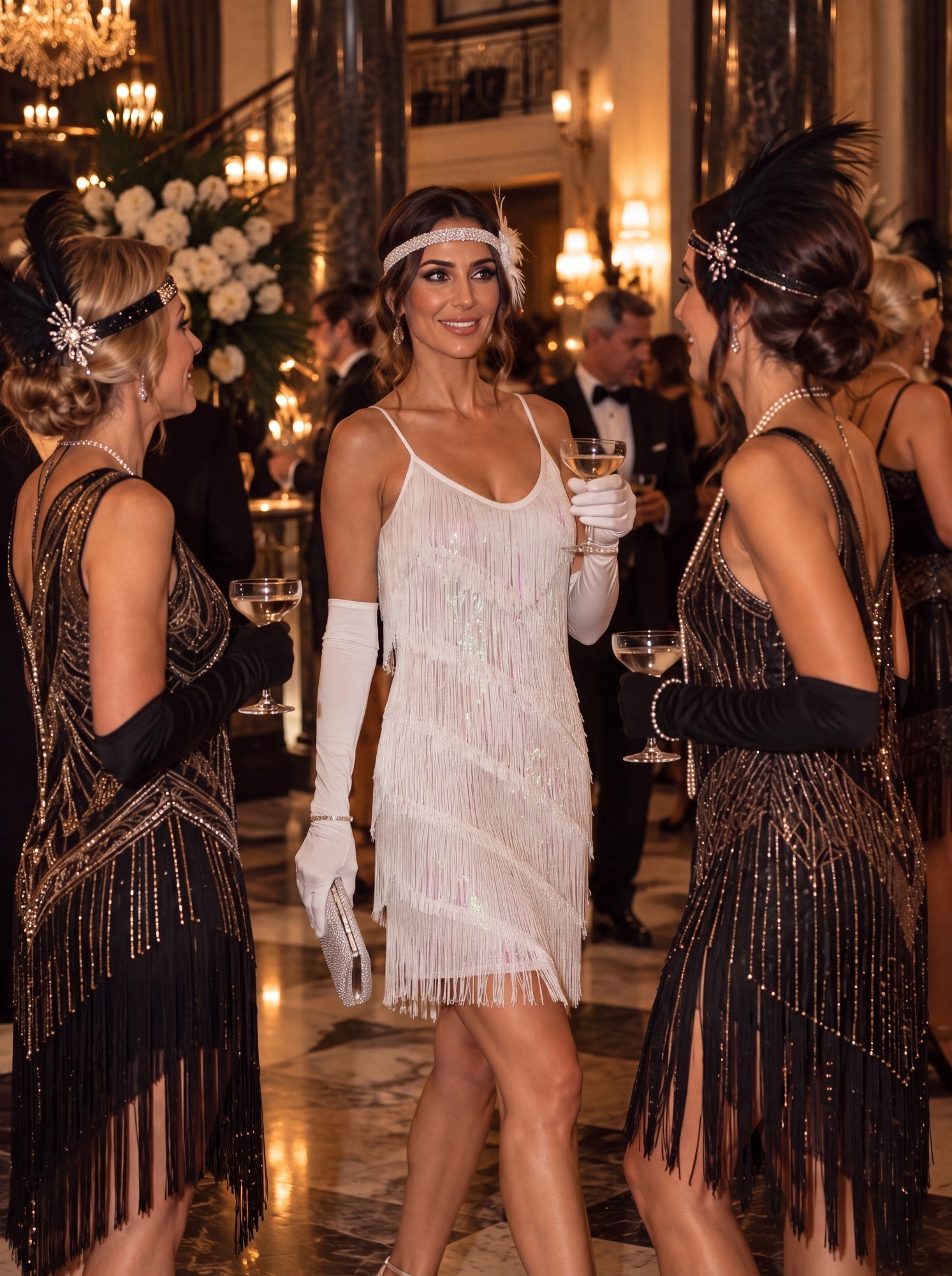 Lady wearing a a 1920s Style Cocktail Dress with white sequins and fringes. Talking to friends