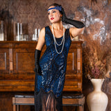 A shorter style modern 1920s flapper dress in navy blue