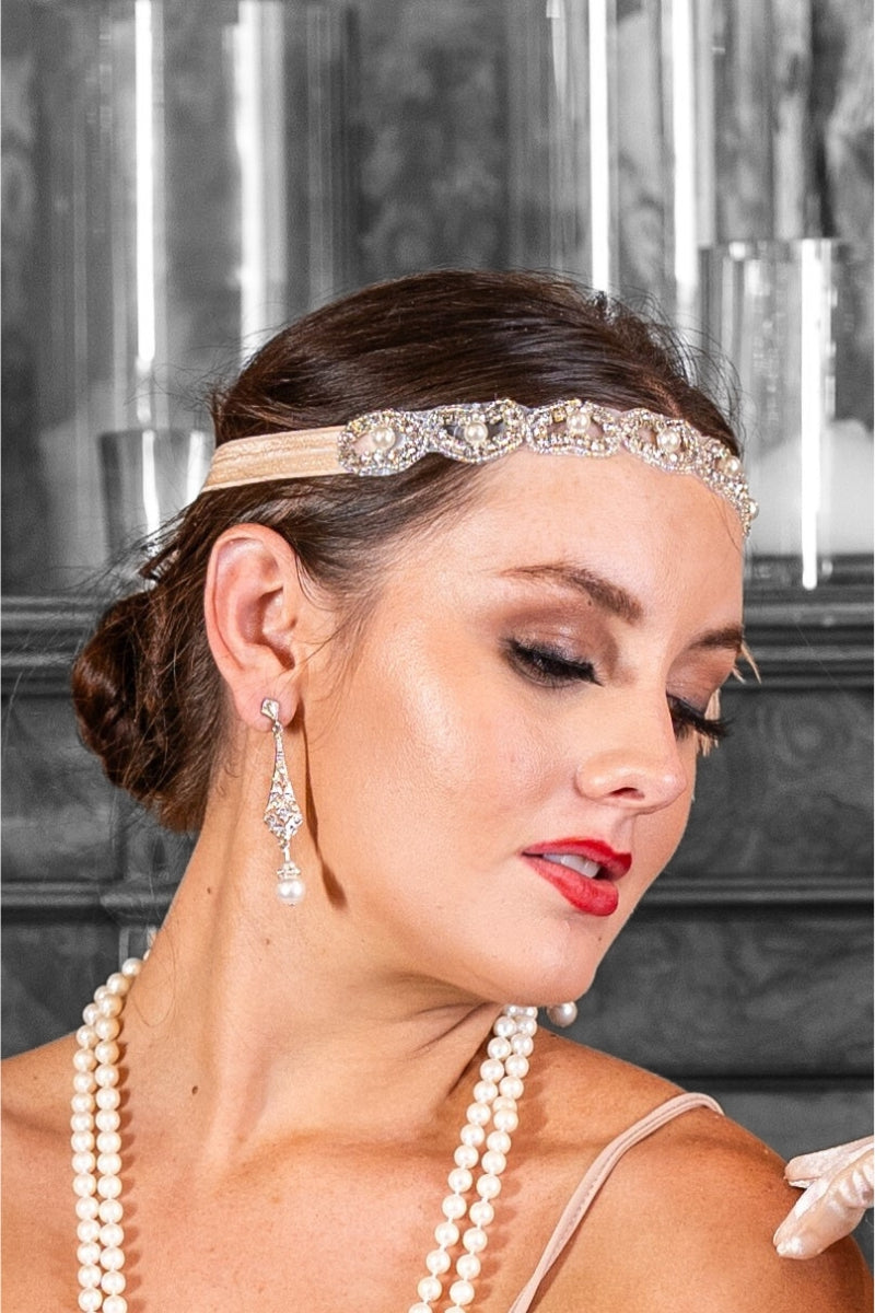 1920s Blush Feather Headband with Faux Pearls