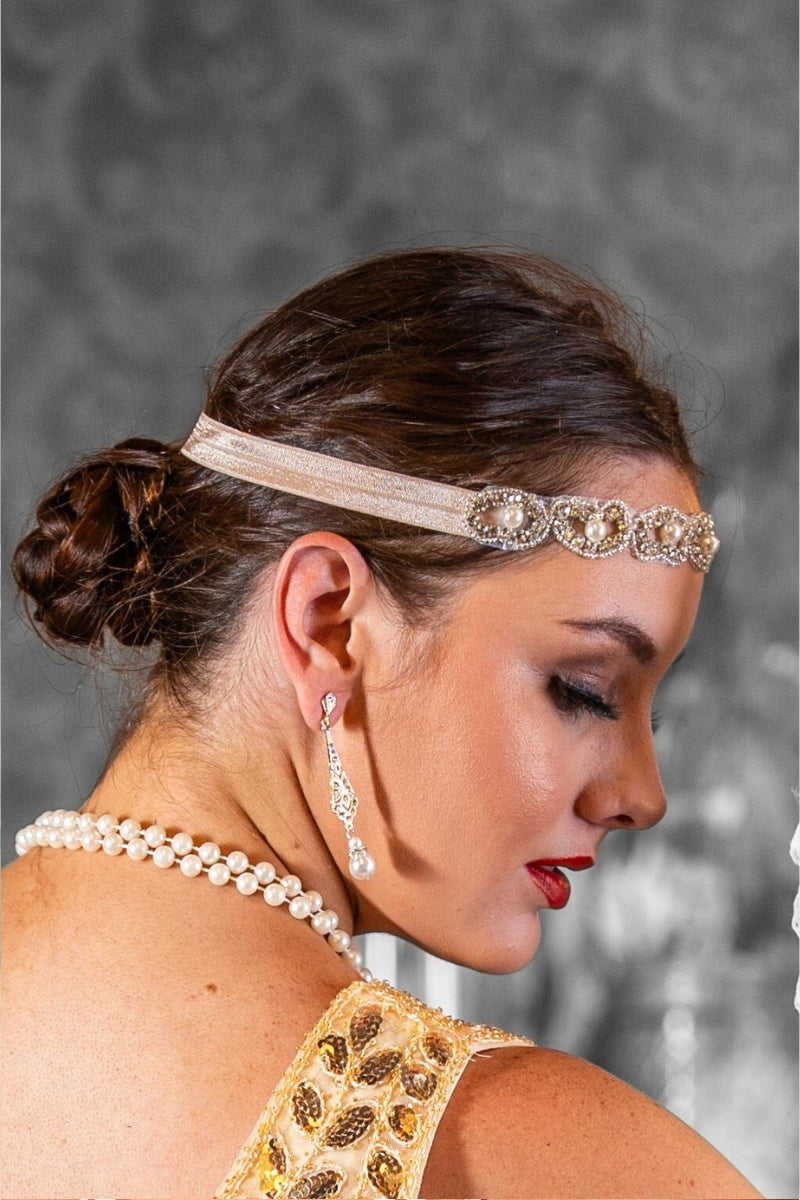 1920s Blush Feather Headband with Faux Pearls