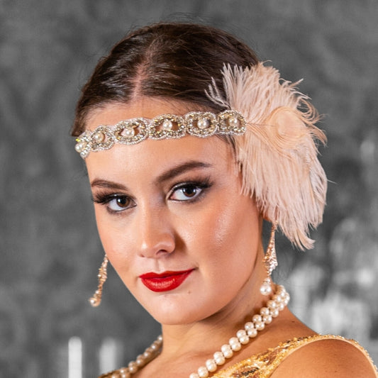 1920s Blush Feather Headband with Faux Pearls