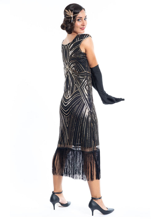 A Vintage Black Flapper Dress with Gold Sequins and Beads