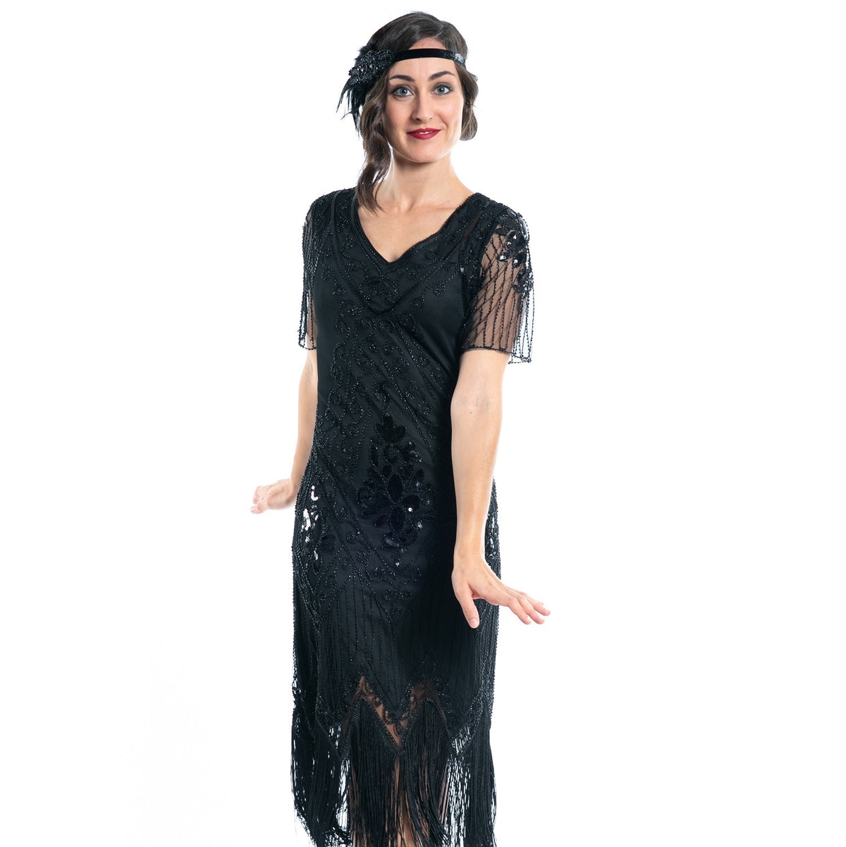 A Plus Size Black Gatsby Dress with sleeves, sequins and beads