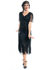 A Plus Size Black Gatsby Dress with sleeves, sequins and beads