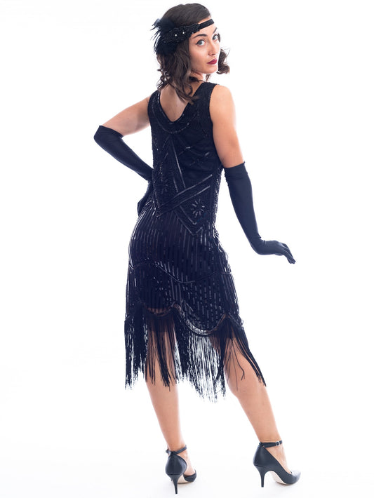 1920s Black Beaded Stella Flapper Dress Sequins and Fringes