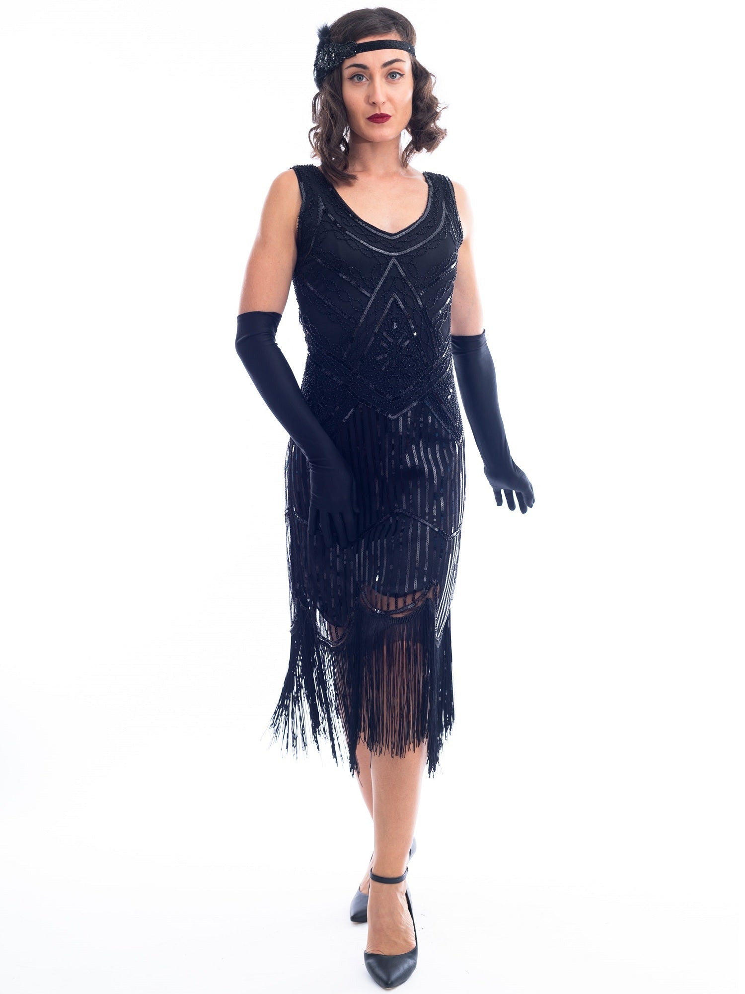 1920s Black Beaded Stella Flapper Dress Sequins and Fringes