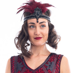 1920s Black Gem & Red Feather Headband