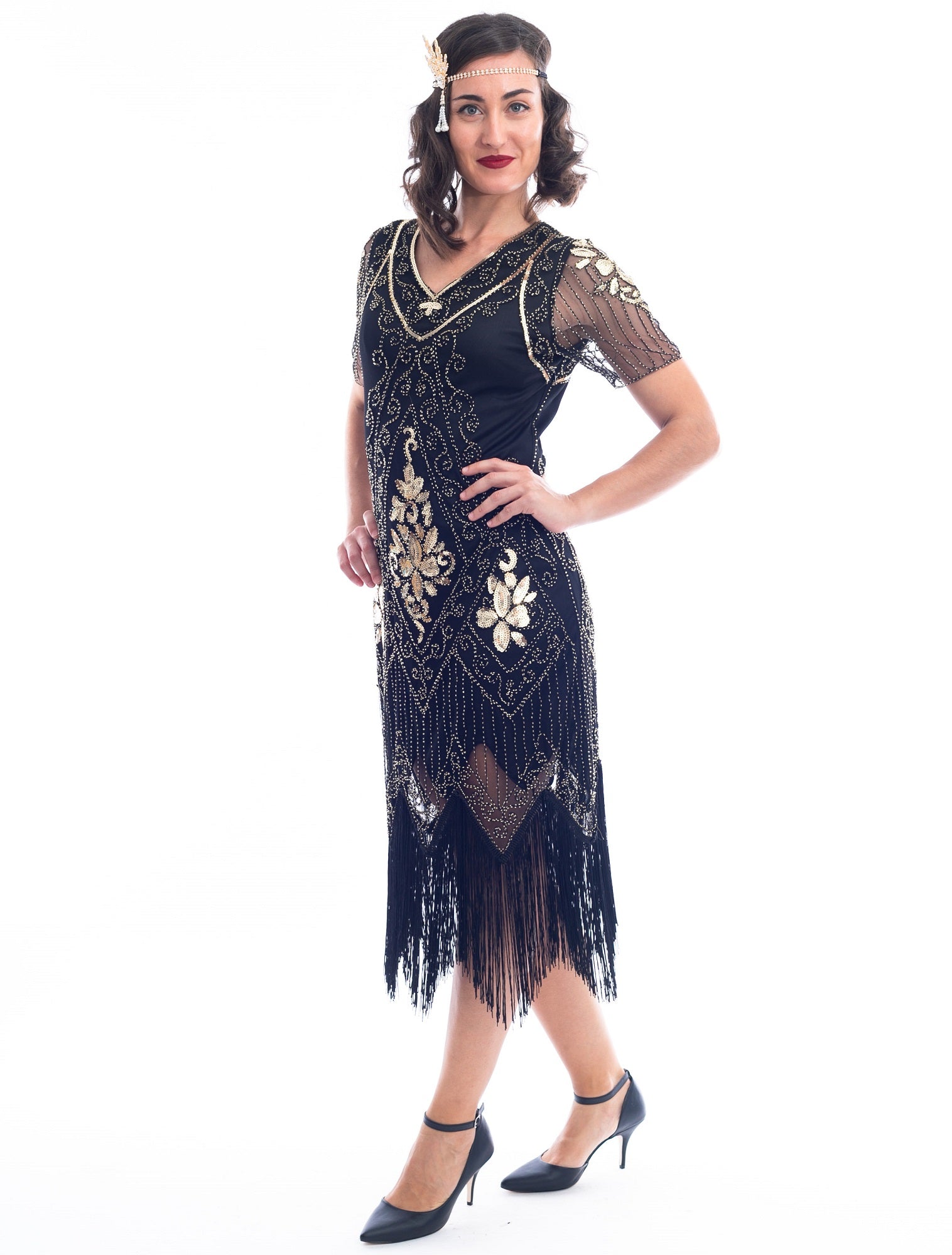 1920s Black & Gold Evelyn Flapper Dress with beads and sequins