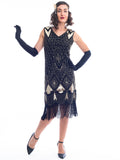 A black and gold sleeveless 1920's Flapper Dress with sequins and beads