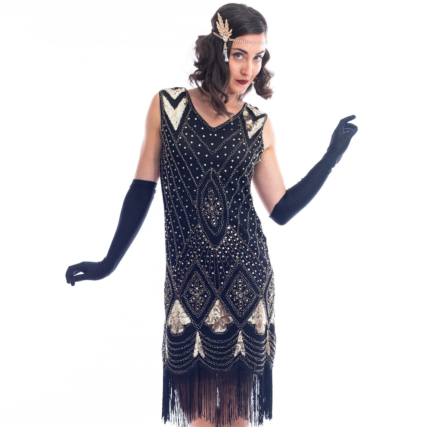 A black and gold sleeveless 1920s Flapper Dress with sequins and beads