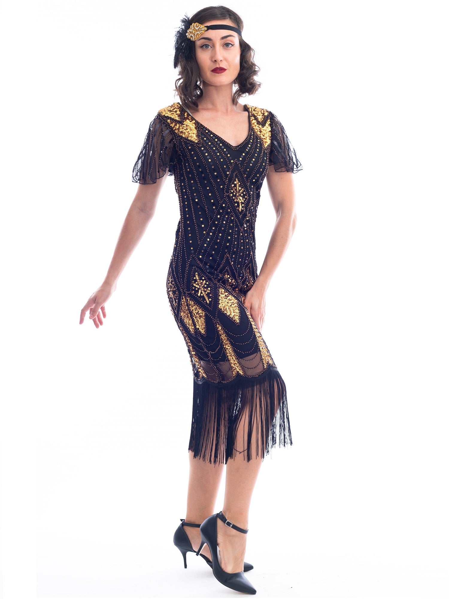 1920s Black & Gold Louise Gatsby Dress with sequins and beads