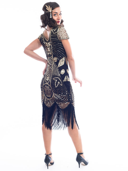 1920s Black & Gold Eva Gatsby Dress with sequins and beads