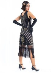 A Black Vintage Gatsby Dress with gold sequins, gold beads and black fringes - Back View