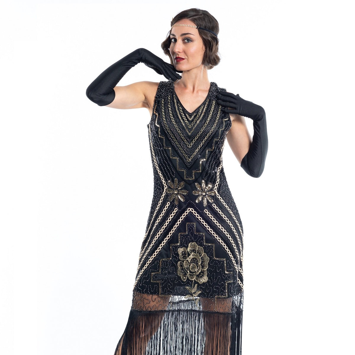 A Black Vintage Gatsby Dress with gold sequins, gold beads and black fringes - Close View
