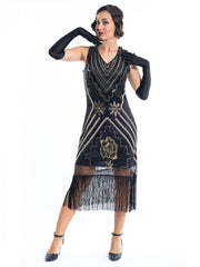A Black Vintage Gatsby Dress with gold sequins, gold beads and black fringes