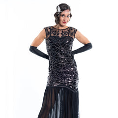 A long black flapper dress with black sequins and silver beads