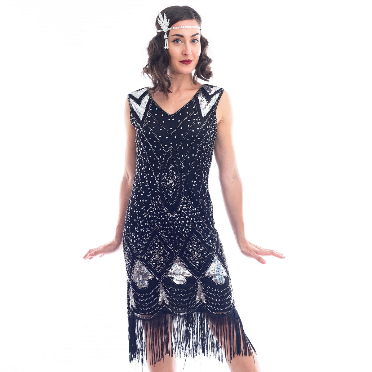 A black and silver sleeveless 1920's Flapper Dress with sequins and beads